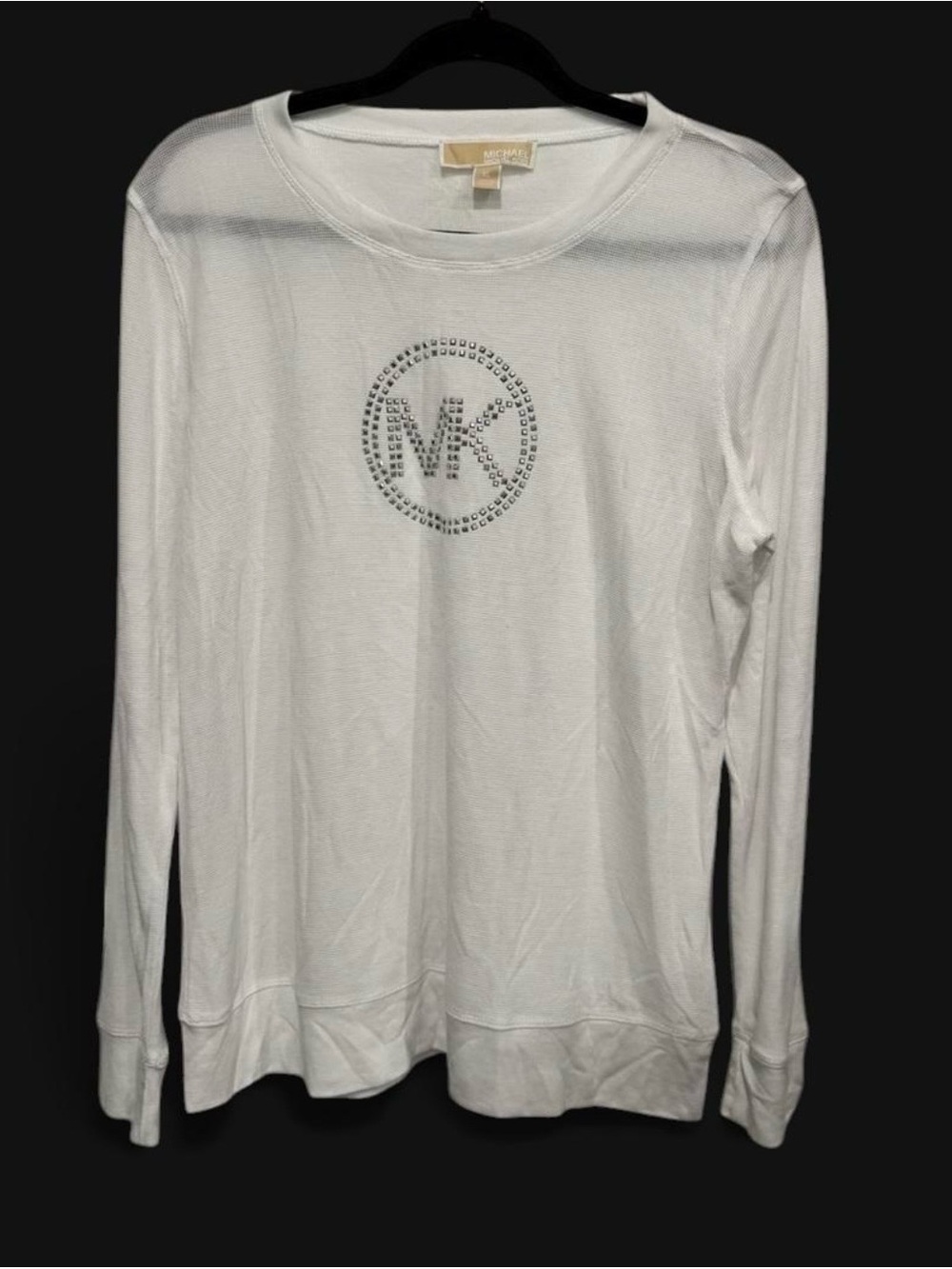 Michael Kors White Long Sleeve Tee with Silver Rhinestone MK Logo